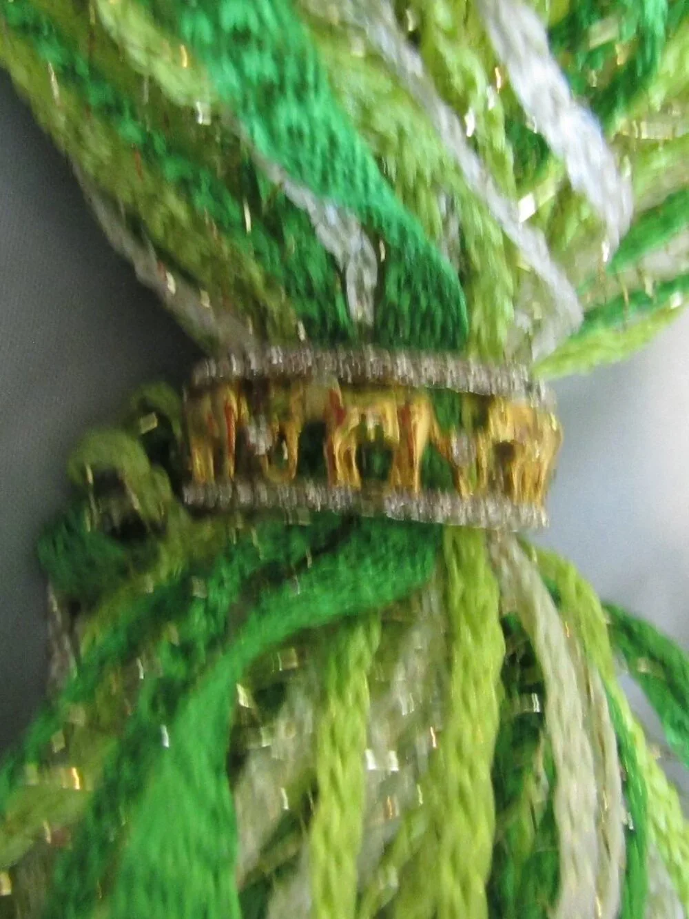 Vintage Style SHIMMERY GREENS & GOLD METALLIC FRINGE SCARF 2-TONE ELEPHANT RING